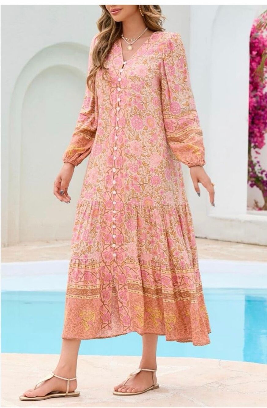 Women’s Boho Floral Maxi Dress Size M Pink Button Front Long Sleeve Rayon